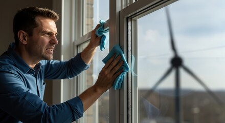 Man cleaning large window with blue cloth, visible wind turbine outside. Eco-friendly, cleanliness, home care, green energy, maintenance service, solution, clean product, promo, campaign, copy space