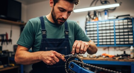 Man in overalls repairs bicycle chain with tool in workshop setting. DIY, maintenance, cycling, repair service, bike product sale, sports, tech, efficiency, mechanical campaign, copy space