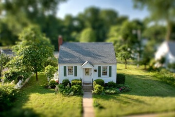 Cozy white cottage surrounded by lush greenery on a sunny day in a peaceful neighborhood
