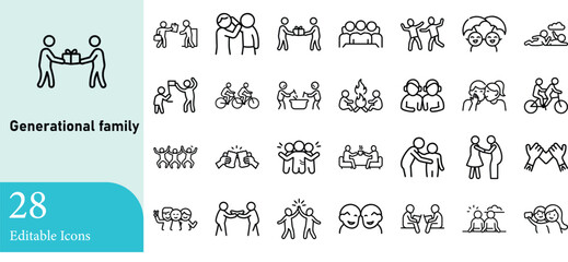 A comprehensive collection of minimalist black line art vector set icon illustrations featuring activities within a generational family dynamic showcasing togetherness and connection
