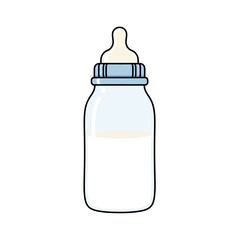 An illustration of a baby bottle filled with white milk, featuring a blue ring and cream nipple.