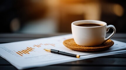 Coffee cup with saucer on financial report
