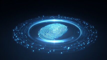 An ethereal blue digital fingerprint illuminated against a dark background, symbolizing security and technology.