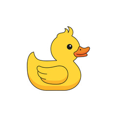 Cartoon illustration of a yellow rubber duck with orange beak and black eyes.