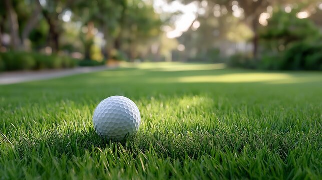 Golf ball on lush green golf course fairway in bright sunlight