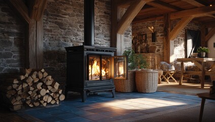 Cozy rustic interior with a wood-burning stove