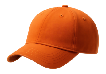 Bright orange baseball cap with a curved visor and stitched seams on transparent background.