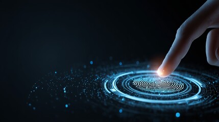 A close-up of a human finger gently touching a glowing digital interface, symbolizing technology and innovation.