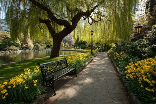 Peaceful garden path with vibrant flowers and willow tree beside tranquil water in spring season