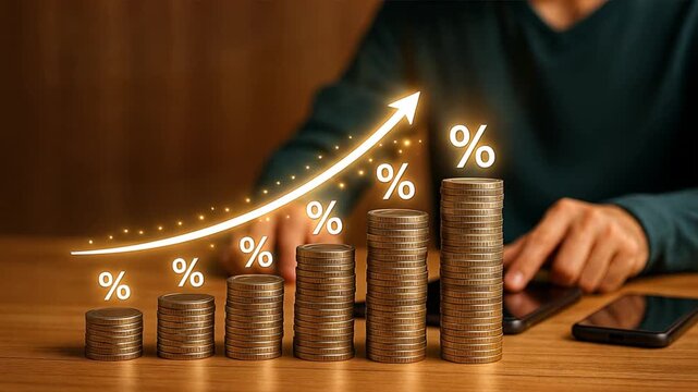 Stacks of coins with glowing arrow pointing up and floating finance percent icon, symbolizing money growth, virtual charts, success arrow, modern indoor financial workspace scene