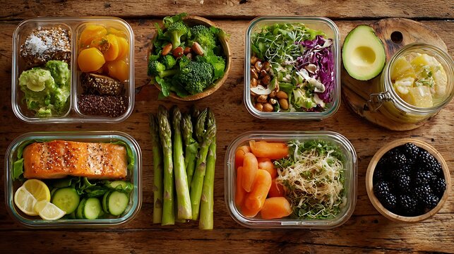 Flatlay of healthy lunchboxes highlighting nutritious meals and organic produce