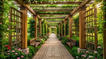 Peaceful Garden Walkway with Wooden Pergolas and Blooming Trellises