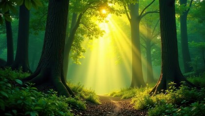 Golden light floods mystical woods, towering trees, vibrant greenery, fantasy, scenic