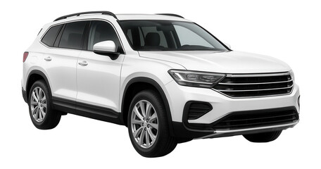Sleek white SUV with modern headlights and alloy wheels, showcasing aerodynamic design and roof rails on transparent background.