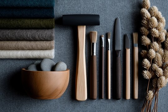 Artisan tools and materials for crafting with stones, fabrics, and brushes on gray background