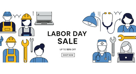 A Labor Day sale banner features line art icons representing various professions like construction, healthcare, and office work, promoting a discount on goods and services.