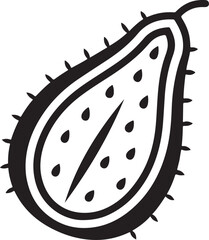 Stylized black and white illustration of a prickly pear cactus fruit cut in half revealing seeds and pulp