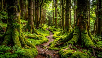 Obraz premium Walking Path Through Mossy Forest with Lush Green Trees and Roots