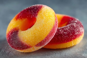 Delicious gummy candies shaped like ripe peaches with an appealing sugar coating showcasing vibrant colors