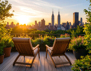Urban Rooftop Garden at Sunset with Empty Lounge Chairs