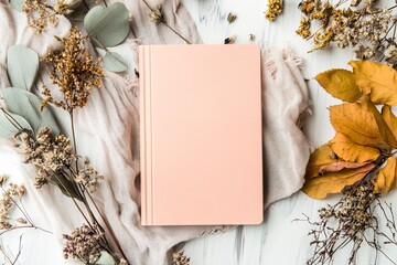 Peach notebook with dried flowers and cloth on wood