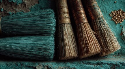 Close-up of aged paintbrushes on weathered surface