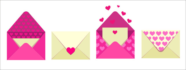 Pink paper envelopes with hearts. Valentine's Day. Romantic confessions. Love. 3D vector illustration.