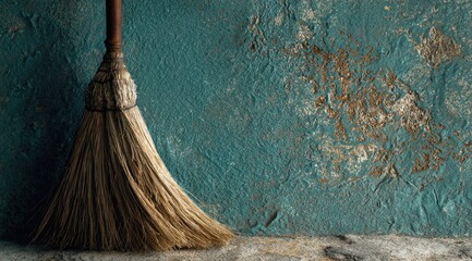 A straw broom rests against a textured teal wall