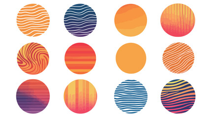Fototapeta premium Retro striped sunset design in circular shapes featuring warm gradient colors and horizontal lines, capturing nostalgic vibes and vintage aesthetics, ideal for graphic art, apparel prints, posters, 
