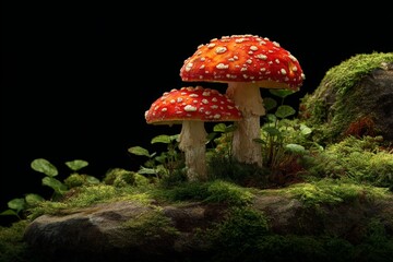 Fototapeta premium Bright red mushrooms grow on a mossy rock in a dark forest setting during the early evening hours