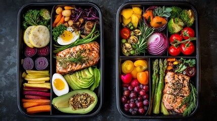 Flatlay of healthy lunchboxes with nutritious meals and colorful vegetable arrangements