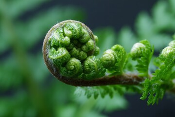 Close-up of a new fern frond unfurling in springtime, showcasing vibrant green details and delicate textures