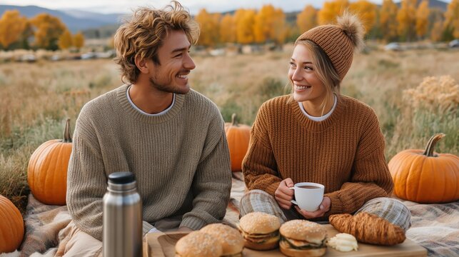 Young caucasian couple enjoying autumn picnic with burgers and hot drinks amidst fall foliage