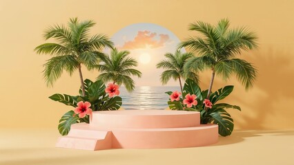 Fototapeta premium Sunset Terrace: Palm Archway and Coral Platform