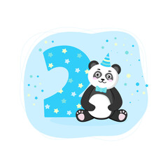First Birthday card with panda boy. Birthday invitation for boy 2 year. Banner with cute panda for baby banner, baby shower invitation, birthday card, social media, wallpaper, website.