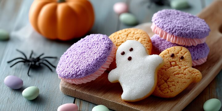 Halloween cookies with ghost shapes and colorful frosting on wooden board