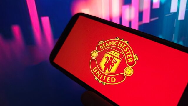 Konskie, Poland - August 03, 2025: Manchester United company logo displayed on mobile phone