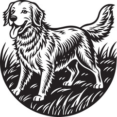 Hand drawn black and white vector illustration of a shaggy puppy