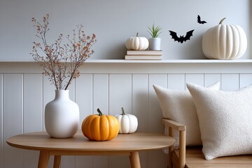 Cozy autumn decor with pumpkins and minimalist accents in a modern living room