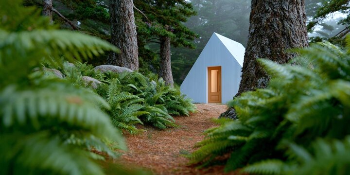 Modern a-frame cabin in misty forest surrounded by ferns and trees