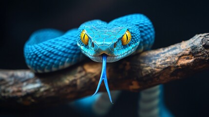 Blue viper with yellow eyes on a branch, close-up