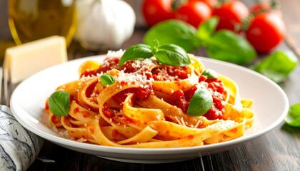 Delicious Plate of Fresh Pasta with Tomato Sauce, Basil, and Parmesan Cheese