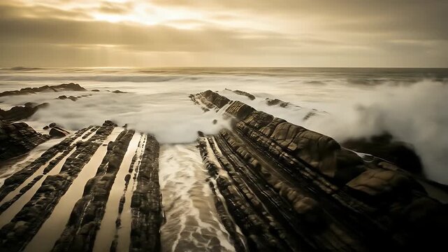 Powerful Ocean Waves Crashing on Unique Layered Flysch Rock Formations at Sunset