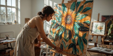 Artist painting a sunflower on a canvas in a bright studio with art supplies and natural light