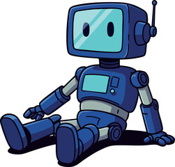 Sitting blue robot with antenna and digital screen vector illustration 