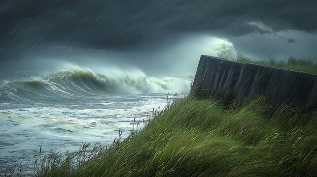 Dramatic stormy ocean waves crashing against a concrete seawall, with windswept grass on the shore under a dark sky