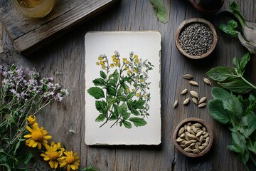 Botanical illustration with herbs and seeds on wood