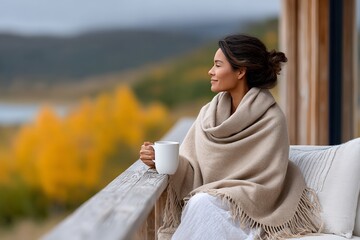 Young hispanic woman enjoying autumn view with coffee on peaceful balcony retreat