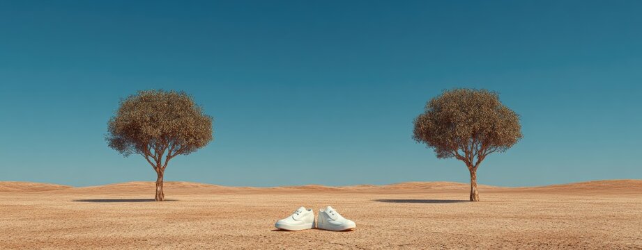 Two lone trees stand sentinel over a vast, sun-baked plain, a pair of white shoes resting between them beneath a vibrant blue sky