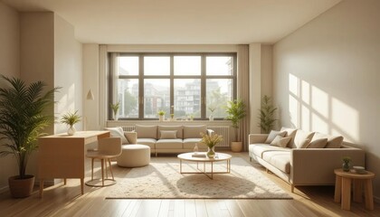 Fototapeta premium Here's a modern living room interior design with comfortable furniture, a stylish sofa, and a cozy fireplace, perfect for a luxury apartment